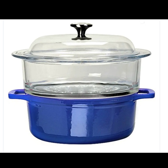 CHASSEUR- Cast Iron 2 Piece Steamer with Glass Top, 4 Qt, Blue
